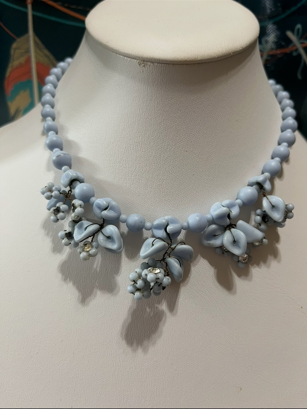 Vintage Light Blue Art Glass Floral Bead Necklace - Women Jewelry